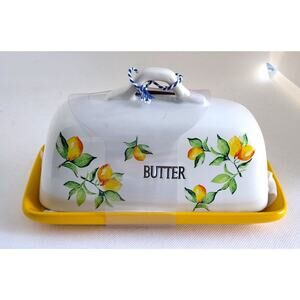 BUTTER DISH-LEMON GARDEN-Ceramic-Top & Bottom-Yellow-Lemons-8 in long